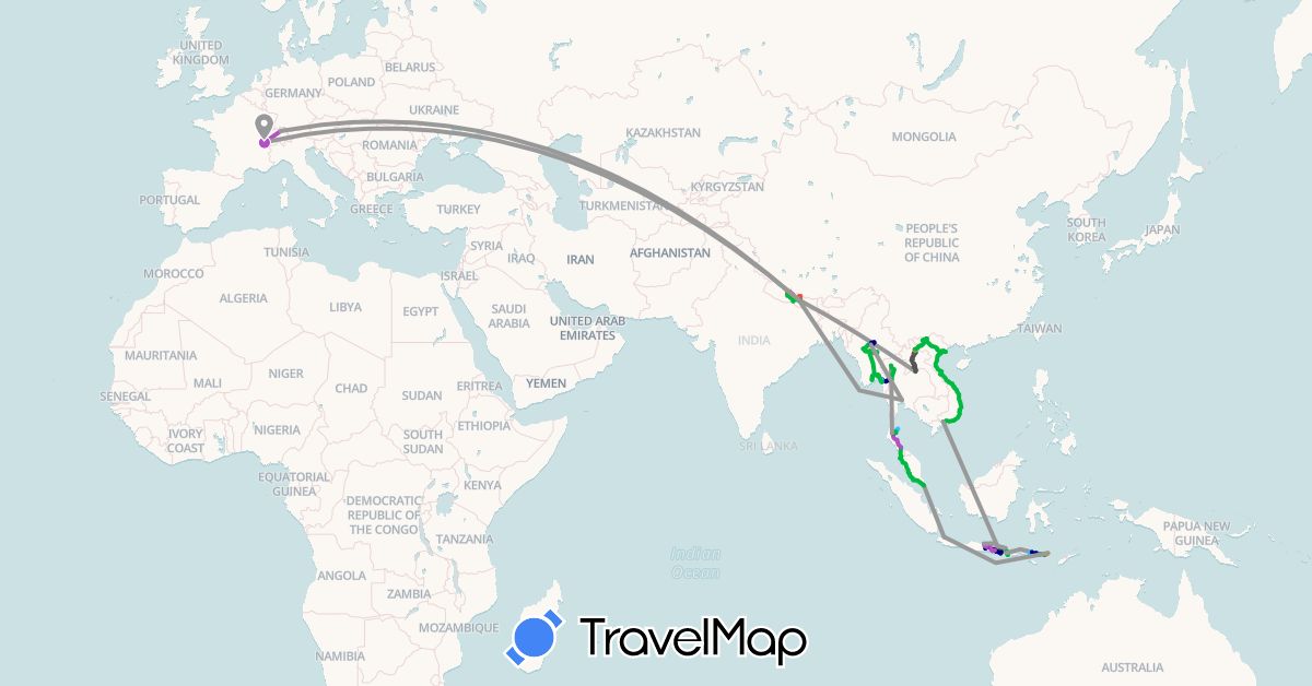 TravelMap itinerary: driving, bus, plane, train, hiking, boat, hitchhiking, motorbike in Switzerland, Indonesia, Laos, Myanmar (Burma), Malaysia, Nepal, Singapore, Thailand, Vietnam (Asia, Europe)